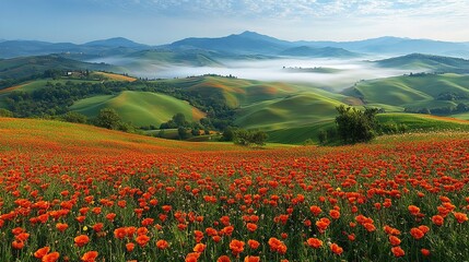 Spring Morning Mist Red Poppy Flower Field Hill Background (Layered Greenery + Romantic Ambiance) Natural Healing Decoration Design Background

