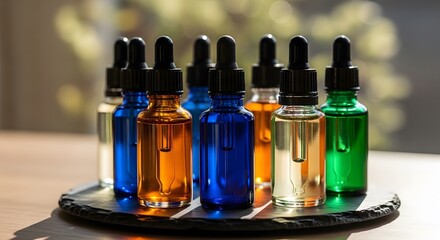 Colorful Essential Oil Bottles in a Row for Beauty and Skincare