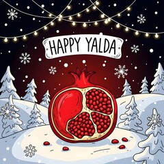 Happy Yalda greeting card with pomegranate, night sky snowy view