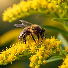 A bee collects nectar from bright yellow flowers in a sunlit meadow.