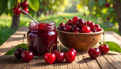 A vibrant still life showcasing cherries and cherry jam. Fresh fruit sits in a wooden bowl and jar, with a spoon inside. Green foliage blurs the background