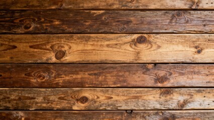 Naklejka premium Horizontal stack of aged wooden planks displays rich grain patterns and deep coloration.