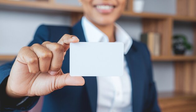 Business Card Presentation: A professional extends a blank business card towards the camera, suggesting networking or promotional possibilities. Capturing professionalism. - Powered by Adobe