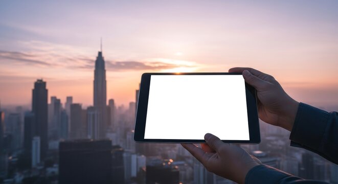 A person holding a tablet with a blank screen, overlooking a cityscape at sunset.