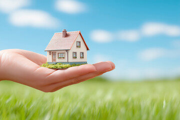 Hand holding small house over green field, real estate and home insurance concept