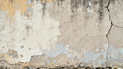 Obraz premium Weathered exterior wall surface displays significant peeling paint and prominent vertical fracturing