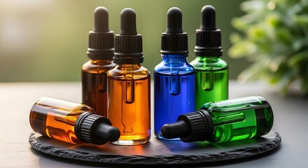 Colorful skincare serum bottles in a row on a black surface