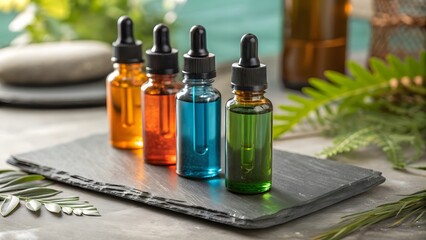 Essential Oil Bottles Displayed on a Dark Surface
