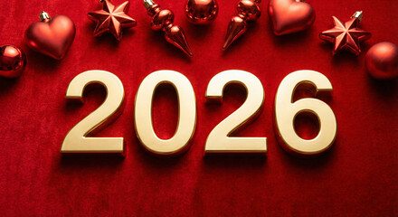 Golden 2026 on red with festive christmas ornaments