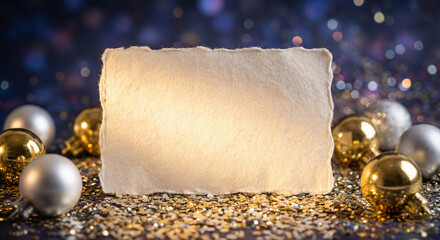 Festive blank card with golden and silver baubles