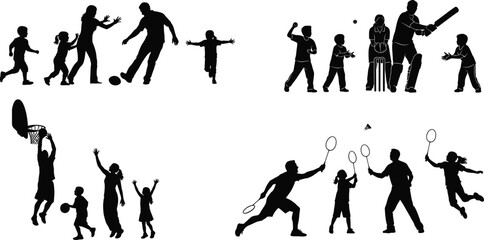 Silhouette of people playing various sports and activities