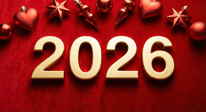 Golden 2026 on red with festive christmas ornaments