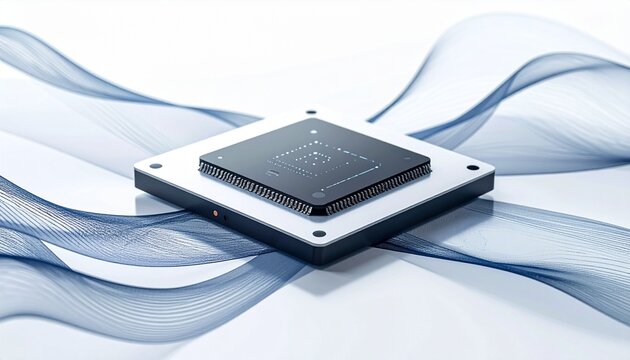 High-tech microchip on a smooth surface surrounded by flowing fabric in a modern setup