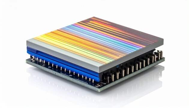 Innovative optical sensor technology showcasing vibrant spectral patterns on a compact electronic component