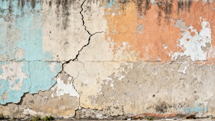 Fototapeta premium Weathered exterior wall displays flaking paint and deep structural fissures