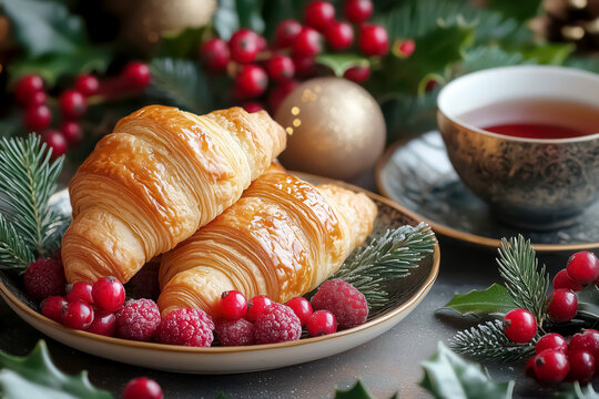 Delicious croissants paired with fresh winter berries on beautifully decorated Christmas table. Baking with wild red berries on festive New Year table. Holiday breakfast scene. Seasonal lifestyle.