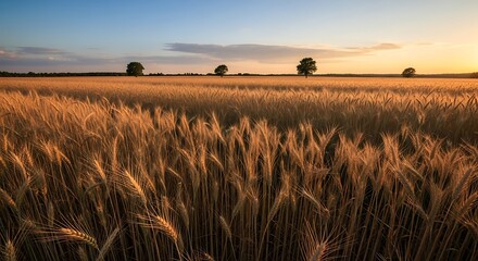 Golden wheat field glows at sunset with scattered trees under a calm sky.