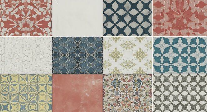 Collection of twelve diverse geometric and abstract patterned tiles.