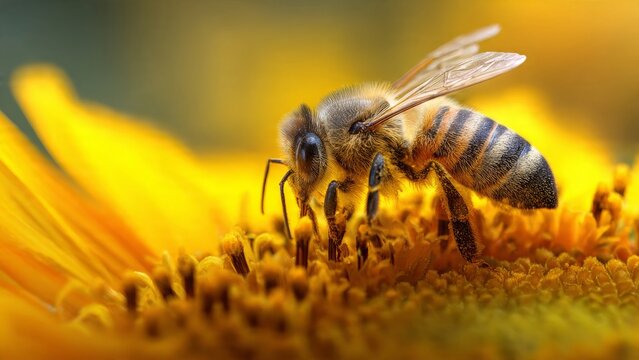 Honeybee Pollinating Vibrant Yellow Sunflower in Summer Sunlight

