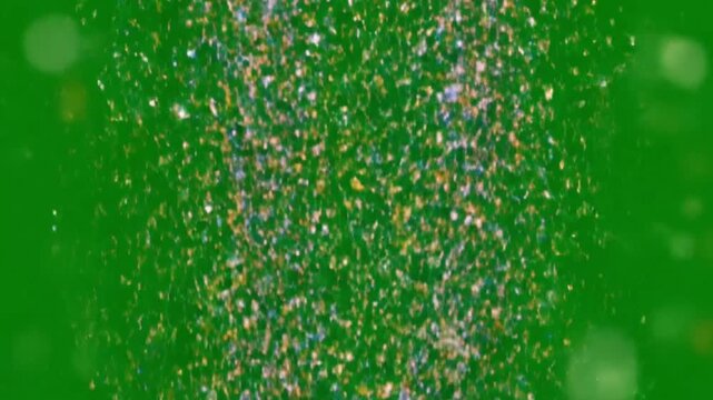 rainfall of tiny multicolor glitter particles, shimmering twinkling lights descending vertically, smooth falling motion, green screen keyable background, alpha channel transparency