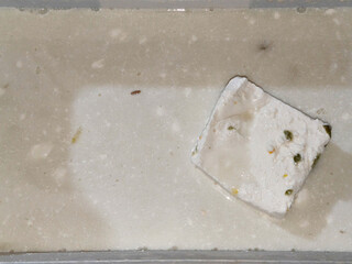 Close up Of Egyptian White Cheese Cube Soaking In  Liquid 