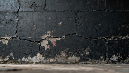 Fototapeta premium Deteriorated dark masonry wall shows prominent horizontal and vertical fissures near the floor