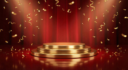 Golden podium on red stage with falling confetti