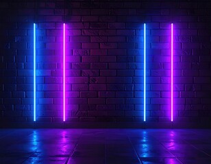 Glowing neon tubes frame a dark brick wall, shiny floor