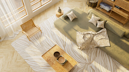 Cozy olive green top view living room interior with rattan furniture, soft sunlight, and warm natural tones. 3D illustration.