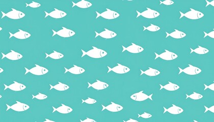 Repeated pattern featuring simple, white fish icons against a vibrant teal background. The fish are oriented in various directions, creating a dynamic feel