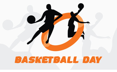 World basketball Day. Vector sport illustration of silhouettes of people in action such as jumping, running, and playing basketball.