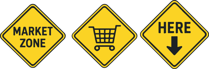 market zone shopping sign icons on yellow warning background
