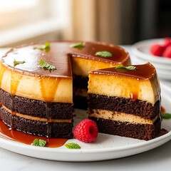 Layered chocolate cake with caramel flan topping and fresh mint.