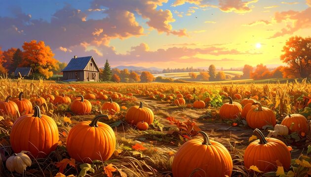 A vibrant sunset bathes a pumpkin patch, highlighting a farm, golden fields, and autumn foliage. The scene exudes warmth and tranquility - Powered by Adobe
