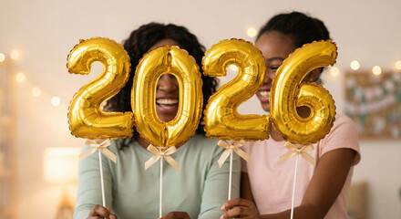 Happy black women celebrating new year 2026 with balloons