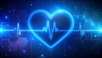 Blue glowing heart outline with an ECG waveform over a hexagonal network against a dark blue background