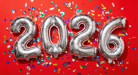 Silver foil balloons spelling 2026 with confetti on red
