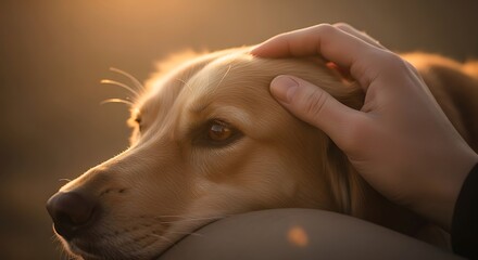 Gentle hand strokes a golden dog's head during sunset.