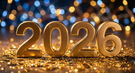 New year 2026 golden numbers with festive bokeh light