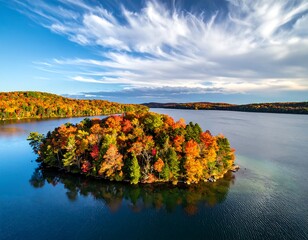 Autumn island Colorful trees blaze amidst a vast blue lake, beneath a bright sky with wispy clouds