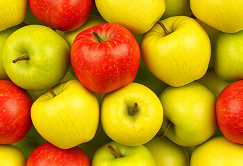 Vibrant Fresh Apples Assortment Close-Up: Red, Green, and Yellow Varieties with Shiny Dewy Skins, Autumn Harvest Illustration