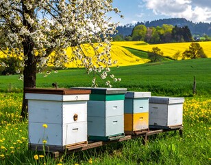 Beehives stand in a vibrant green meadow, flowering tree, against bright yellow fields and a distant forested hill