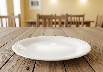 Empty white plate rests on a rustic wooden table in a dining room setting.