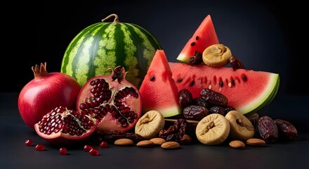 watermelon pomegranate, dried figs, dates and almond, Yalda night fruits, dark background