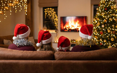 Back view of family celebrating christmas at home