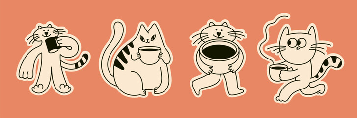 Vector logo and sticker design template, hand drawn doodle sketchy character and mascot, specialty coffee and cafe emblem, happy barista, latte, cappuccino, coffee cup mascot