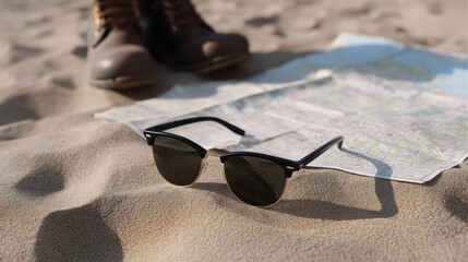 Minimalist Travel Flat Lay with Sunglasses and Map on Sandy Surface for Adventure Planning