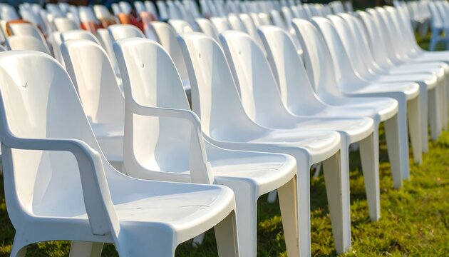 Rows of empty plastic chairs set on green grass, ready for an outdoor event. Sunlight highlights their contours