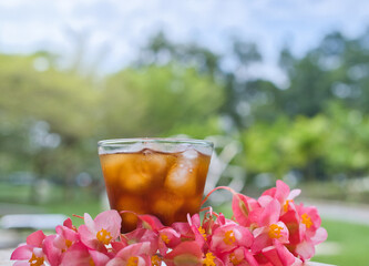 Making iced Americano coffee with fresh palm fruit on a wooden floor surrounded by flowers, relaxing in the park.