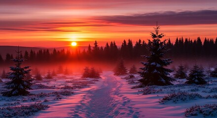 Snowy winter landscape at sunrise with glowing sky and mist.